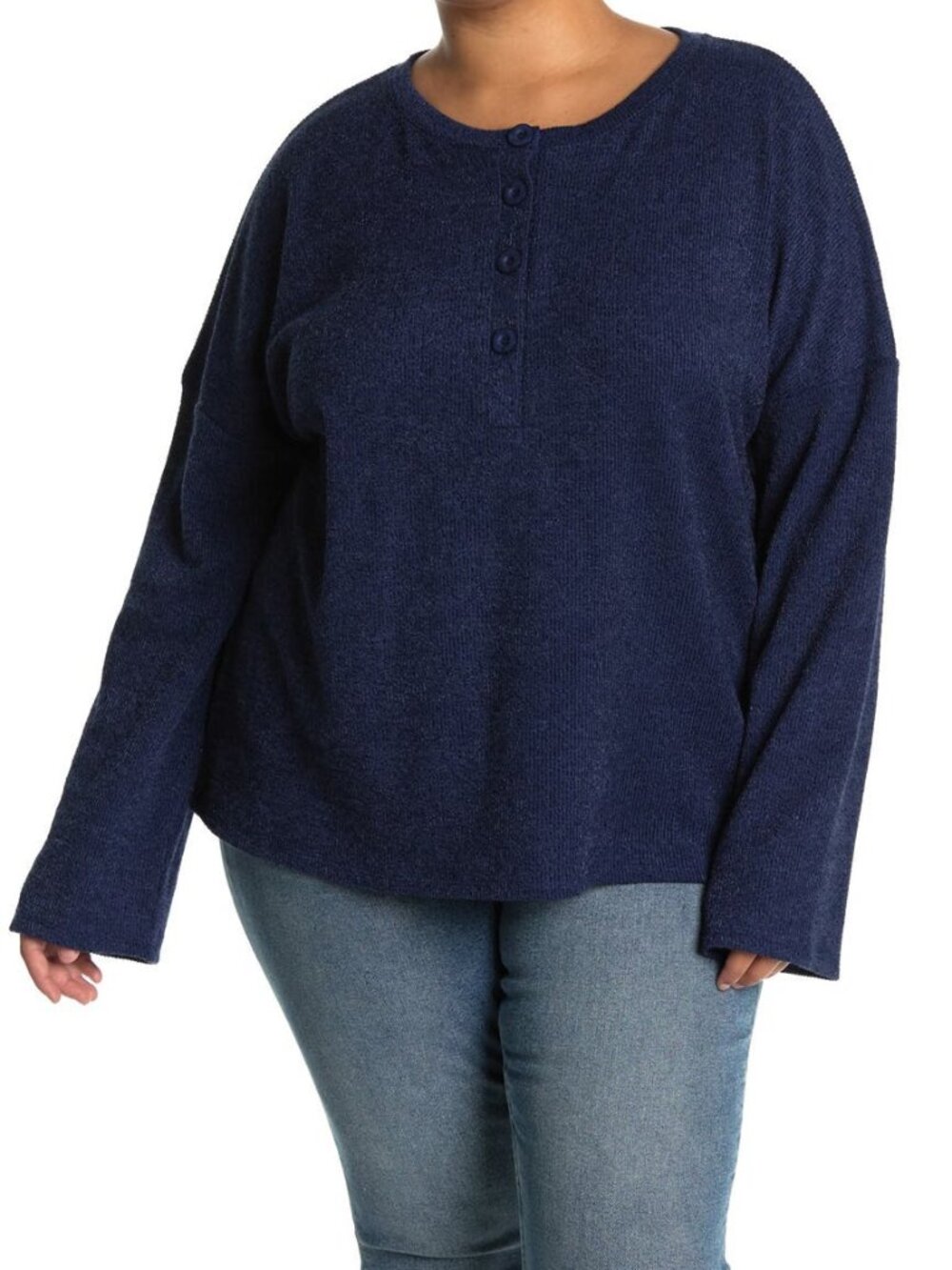 Gibson Ribbed Knit Henley Sweater Button Front Pullover Top Navy Size 1X NEW
